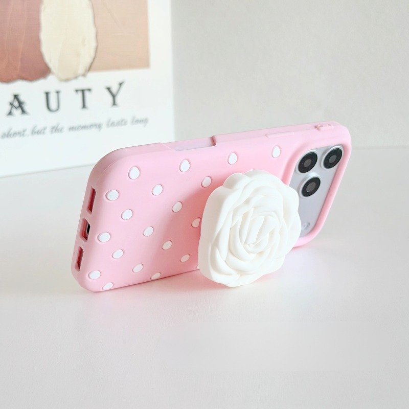 3D 立体ローズグリップ付き ドット柄 iPhoneケース|ストラップ・フェミニンデザイン #231207