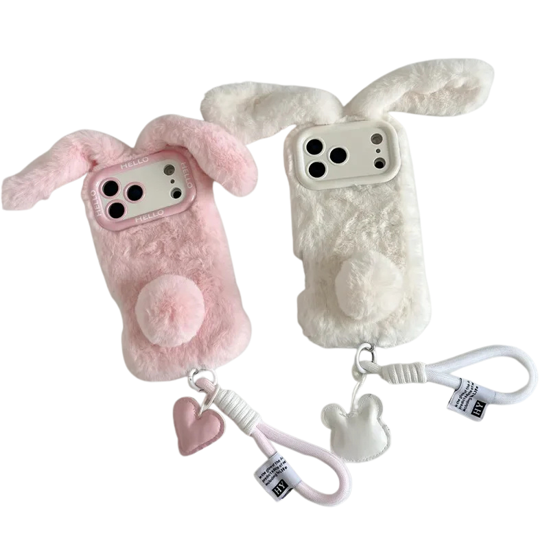 【ふわもこファーシリーズ】うさ耳 ポンポン ストラップ付き スマホケース|iPhone対応 #250320