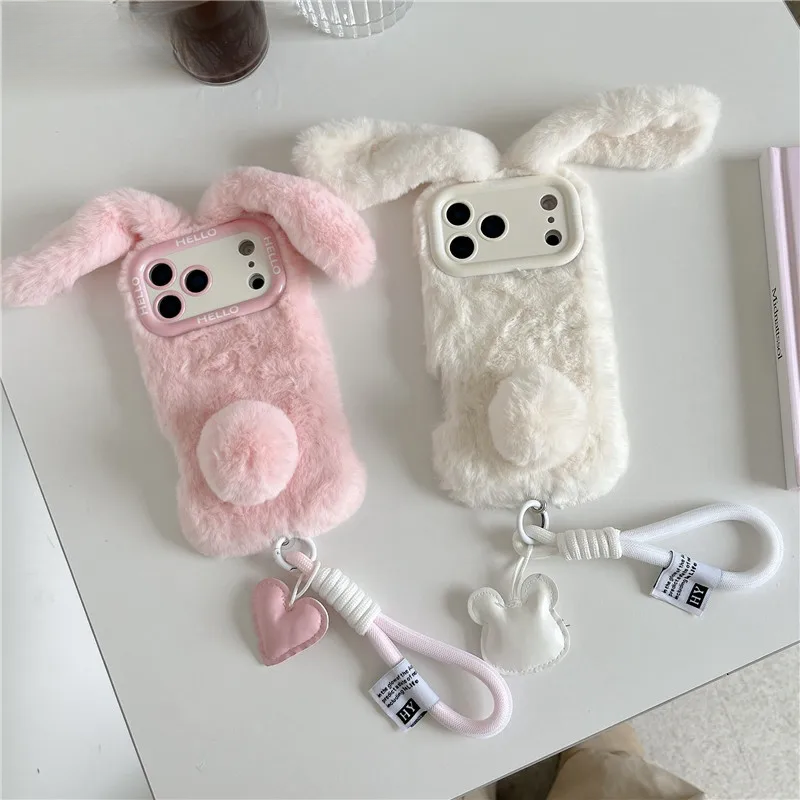 【ふわもこファーシリーズ】うさ耳 ポンポン ストラップ付き スマホケース|iPhone対応 #250320