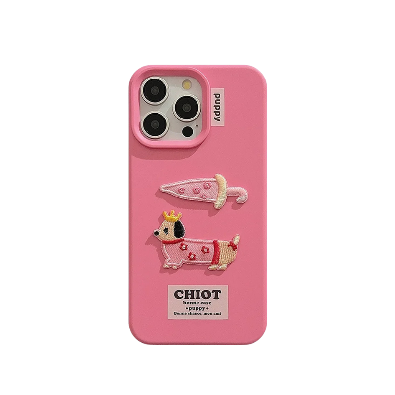 【ピンクパピークラウン】刺繍Dog 犬 × アンブレラ スマホケース|iPhone対応 #250204
