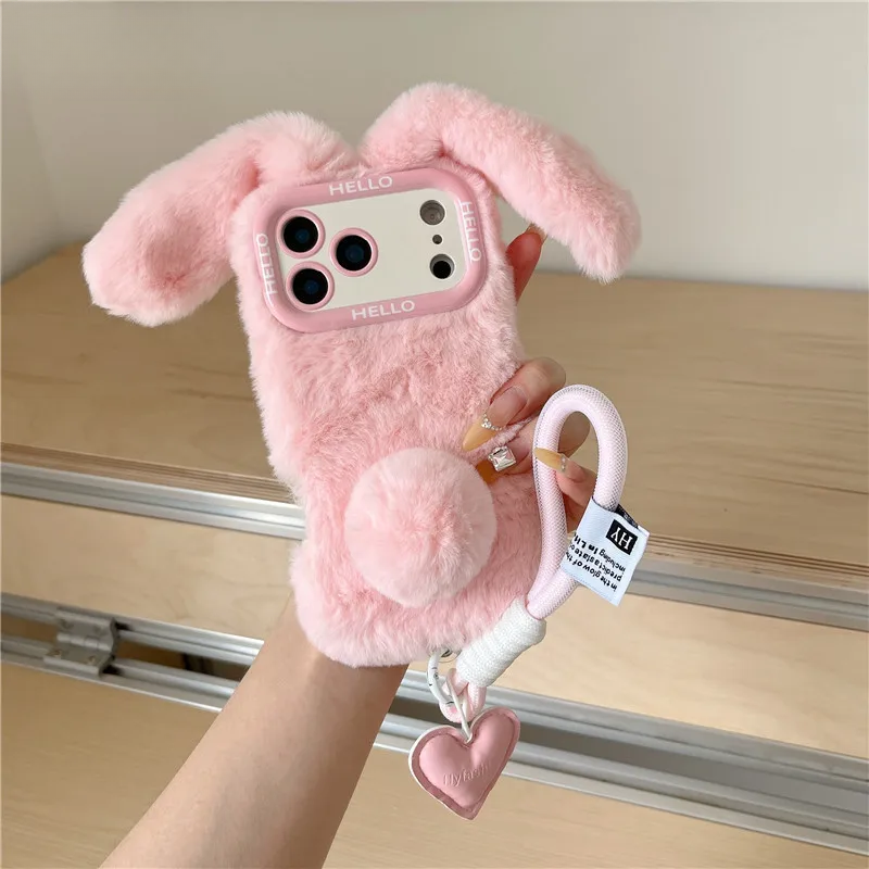 【ふわもこファーシリーズ】うさ耳 ポンポン ストラップ付き スマホケース|iPhone対応 #250320