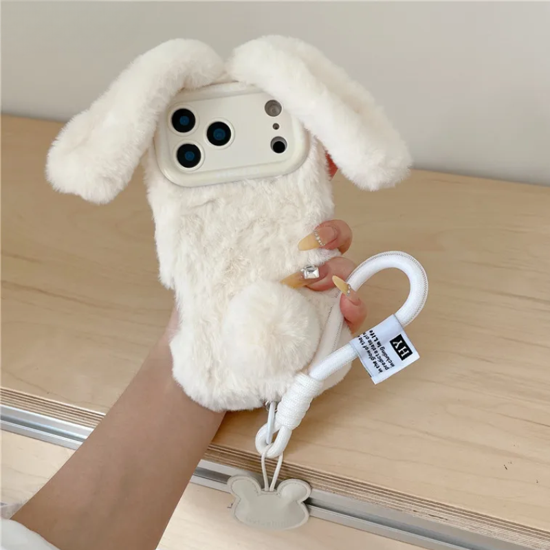 【ふわもこファーシリーズ】うさ耳 ポンポン ストラップ付き スマホケース|iPhone対応 #250320