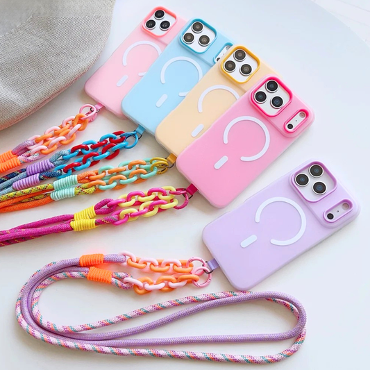 カラーチェーン付き ポップデザイン Magnet内蔵 パステルカラー iPhoneケース|肩掛け・ハンズフリー #231204