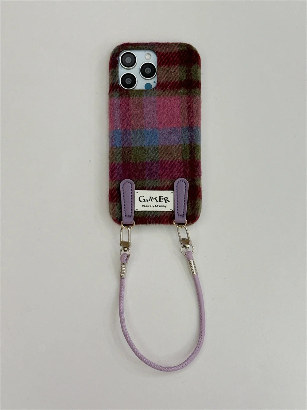 【チェックストラップ】フェルト チェック × ストラップ付き スマホケース|iPhone対応 #250107