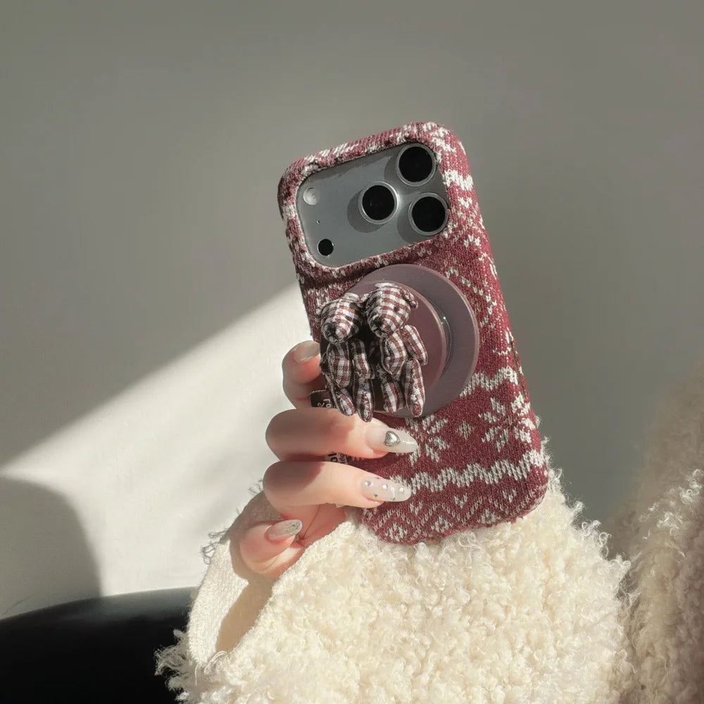 クラシックニット ベアグリップ iPhoneケース|秋冬ツイード風デザイン #240416