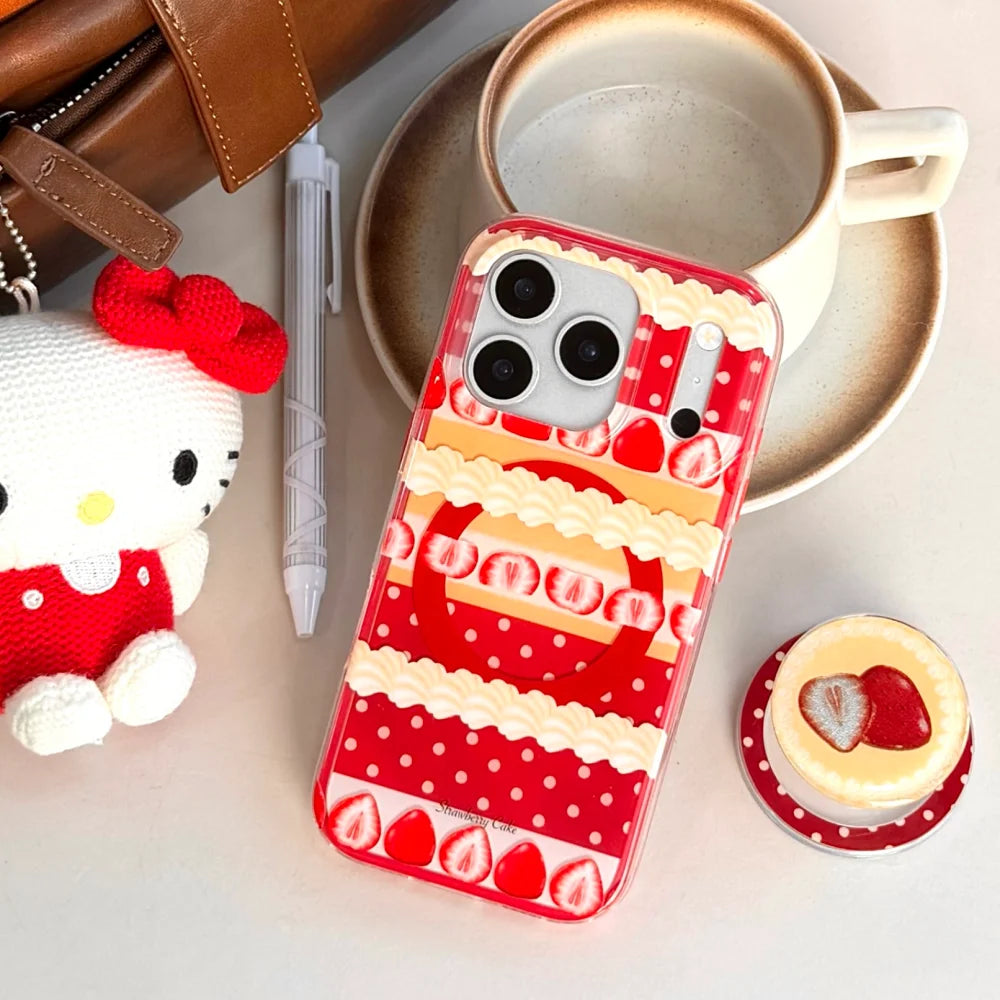 【Magnet内蔵】ストロベリーケーキ スイーツモチーフ × ポップソケット スマホケース|iPhone対応 #240803