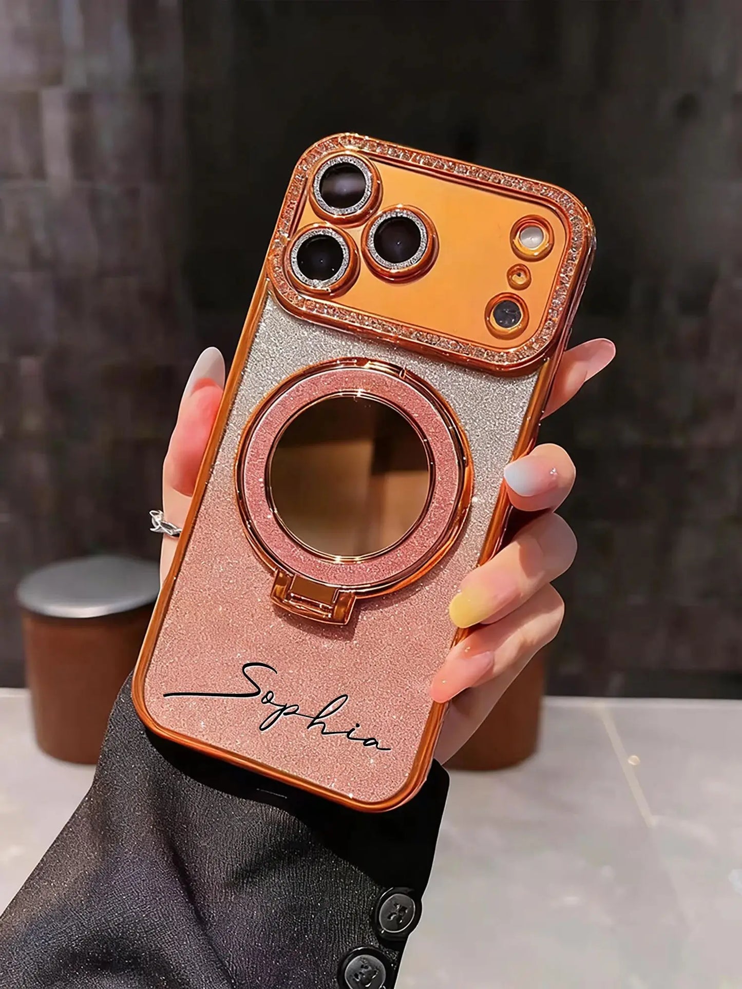 【カスタムシリーズ】名入れ リングスタンド ミラー付き iPhoneケース|ラメグラデ #260216