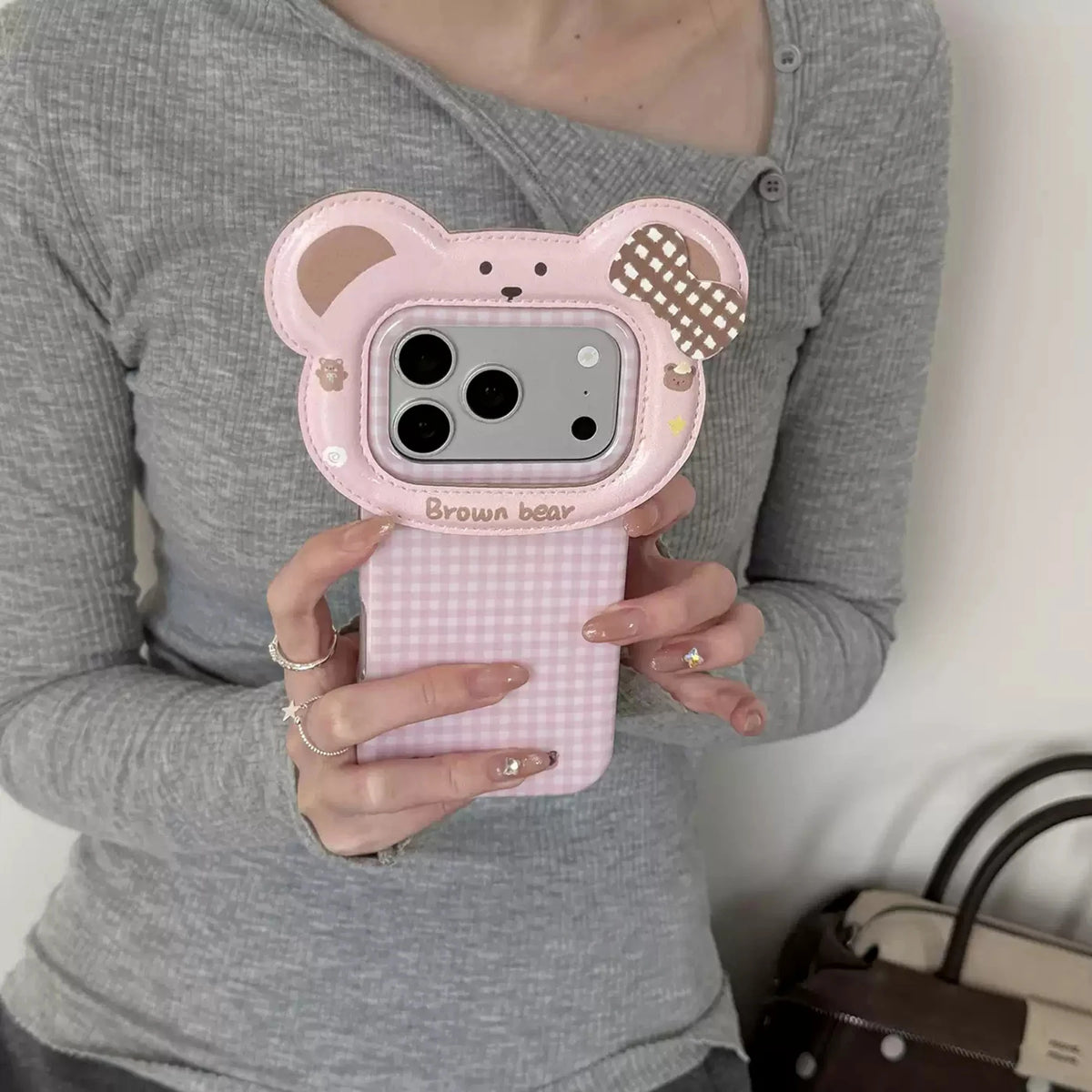 【くま】リボン チェック柄 立体フレーム iPhoneケース|くすみカラー・韓国っぽ PCA #261277