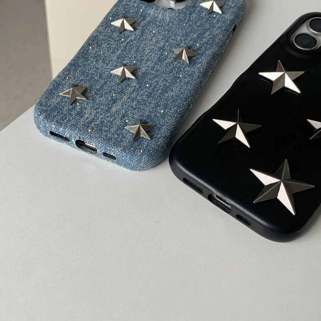 【立体スタースタッズ】デニム風 スマホケース|iPhone対応 #250731