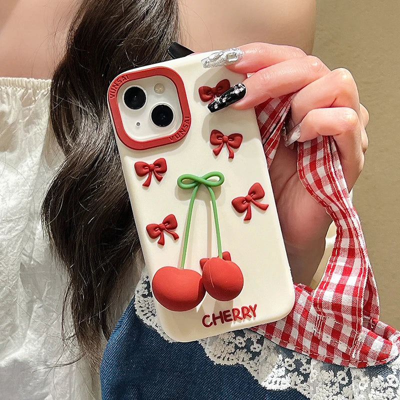 【フルーツシリーズ】立体さくらんぼ&リボンデザイン スマホケース|iPhone対応 #250827