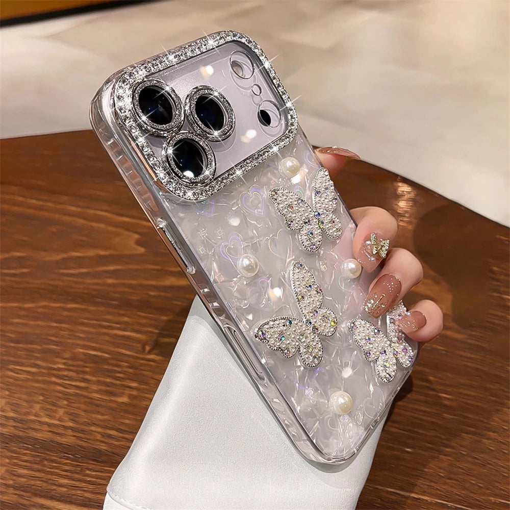 【ジュエリーバタフライ】キラキラ 蝶モチーフ×パール デコレーション スマホケース|iPhone対応 #250424