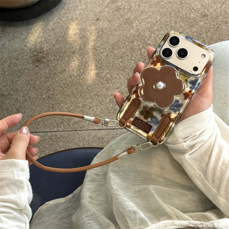 【フラワーパールスタンド】マーブル調×花柄 レザーチャーム付き スマホケース|iPhone対応 #250312