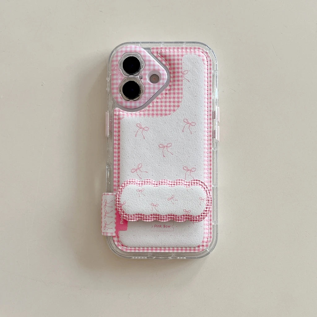 【ピンクギンガムチェック】リボン柄 折りたたみ式ホルダー付き スマホケース|iPhone対応 #240622