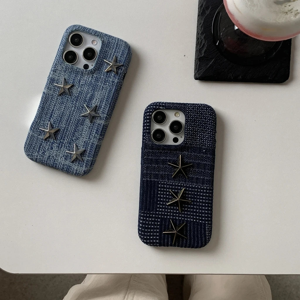 【立体スタースタッズ】デニム風 スマホケース|iPhone対応 #250731