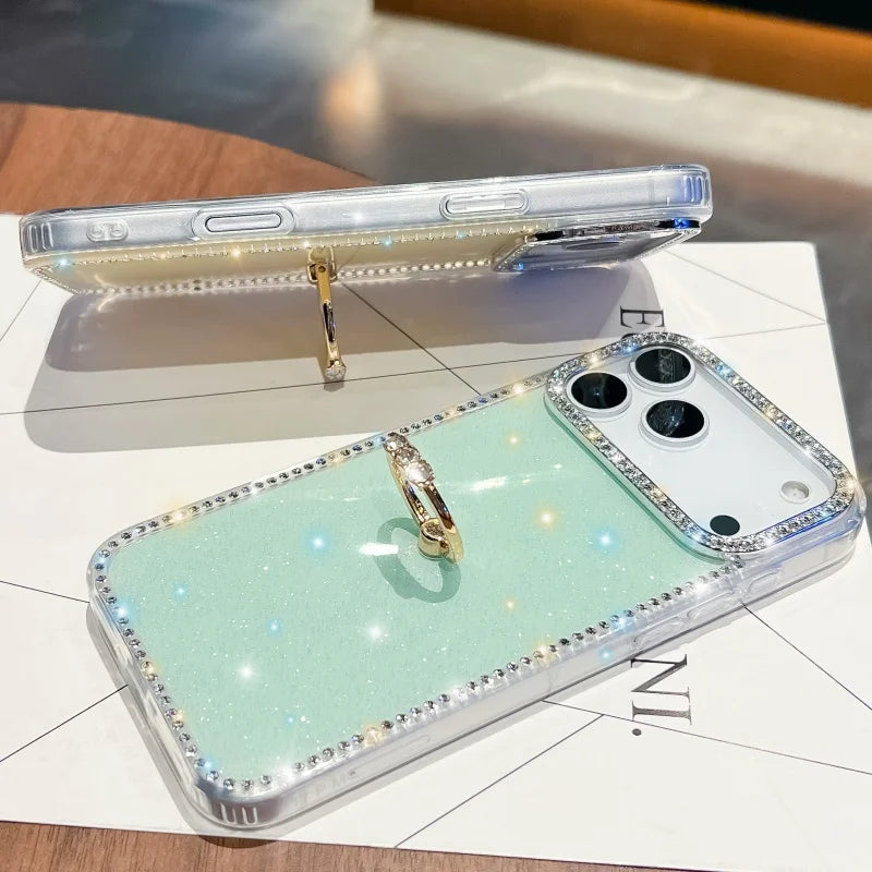 【グリッターシリーズ】輝くホログラムスター キラキラストーン付き リング付きスマホケース|iPhone対応 #251010