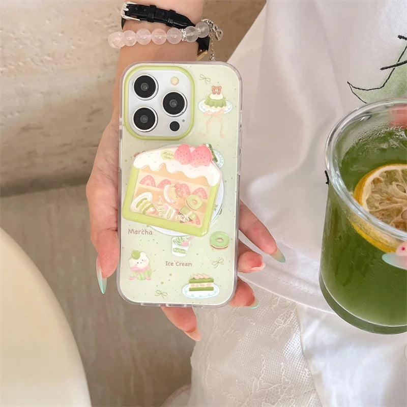 【抹茶×いちごケーキ】ホルダー付き スイーツ スマホケース|iPhone対応 #250725