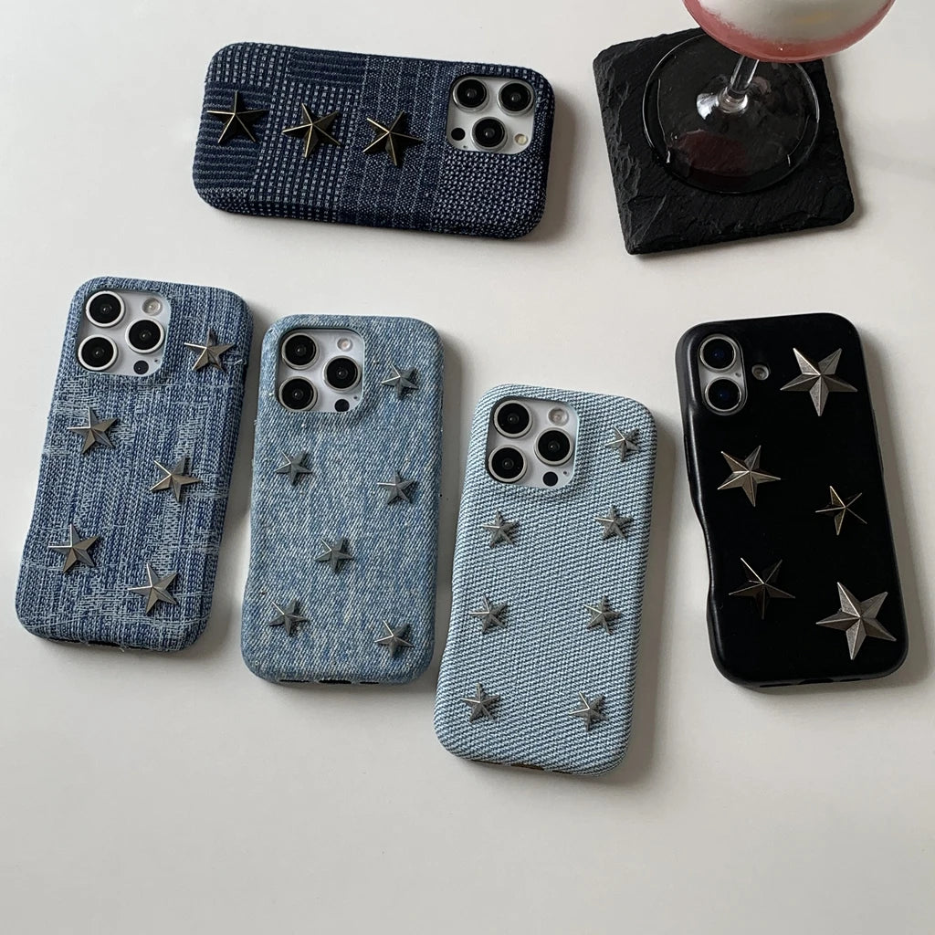 【立体スタースタッズ】デニム風 スマホケース|iPhone対応 #250731