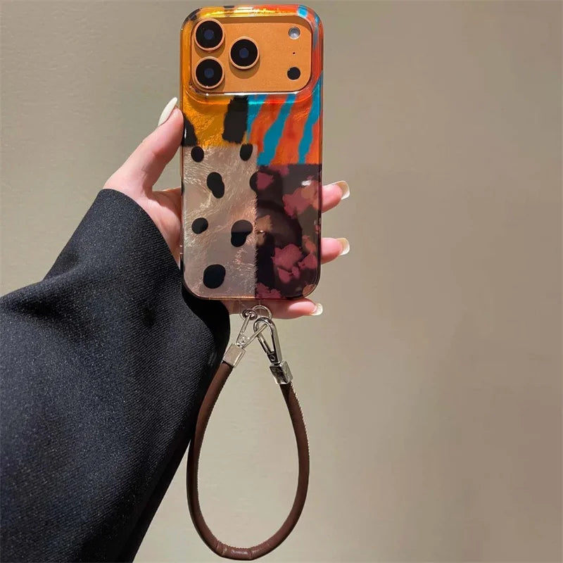 【アートペイントストラップ】マーブルカラー×レザーストラップ スマホケース|iPhone対応 #250206
