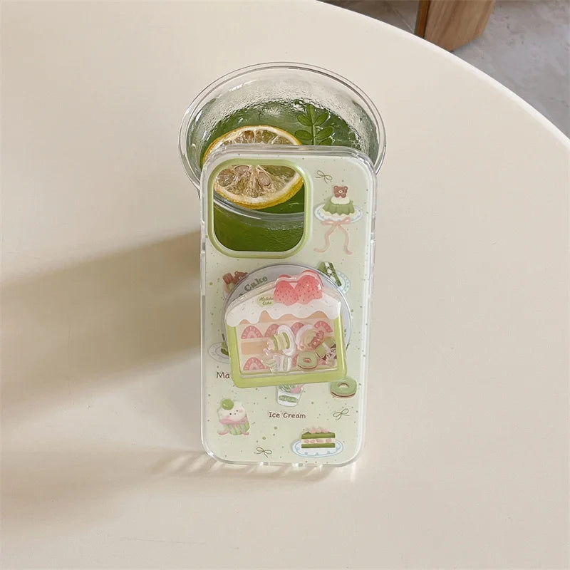 【抹茶×いちごケーキ】ホルダー付き スイーツ スマホケース|iPhone対応 #250725