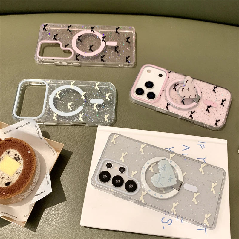 【ハートリングスタンド】Magsafe対応 ハート型 スタンド付き グリッター×リボン柄 スマホケース|iPhone対応 #250310