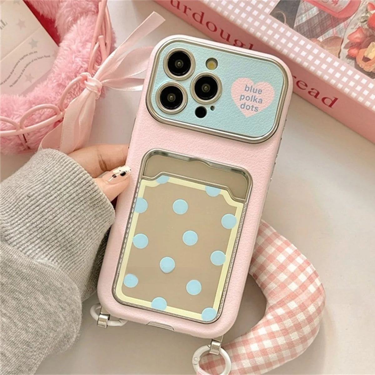 ギンガムストラップ付き ドットポケット iPhoneケース|カード収納・ソフトTPU #240228