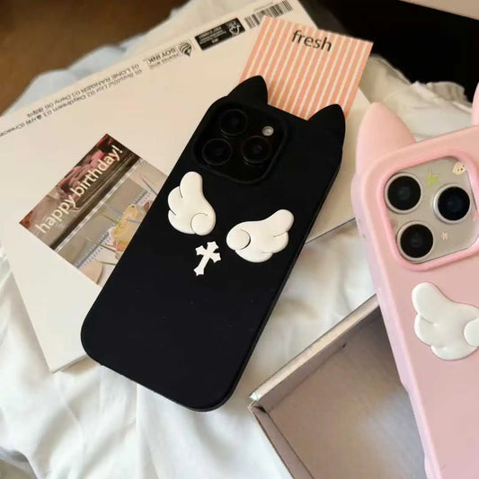 【猫耳シリーズ】エンジェルウィング 十字架 クロス iPhoneケース #240217