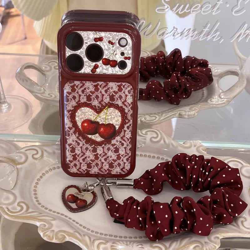 さくらんぼ ハート レース柄 シュシュストラップ付き iPhoneケース|ボルドー・韓国っぽ #261272