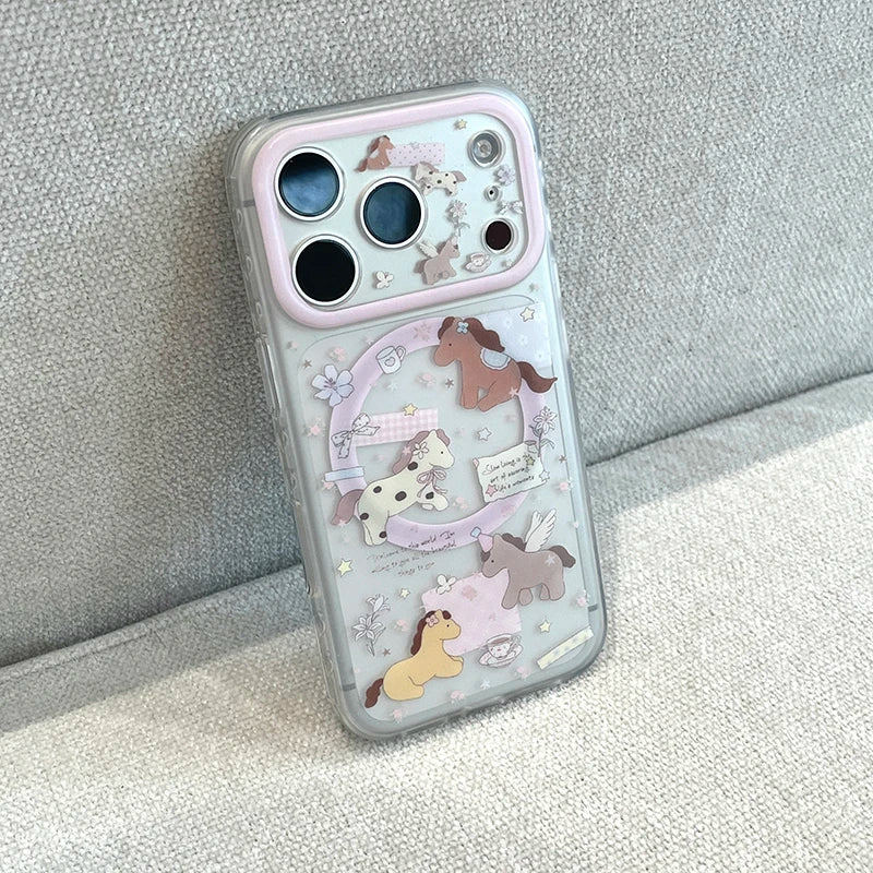 ユニコーンホース イラストiPhoneケース|パステル動物柄・クリアグリップ付き #240428