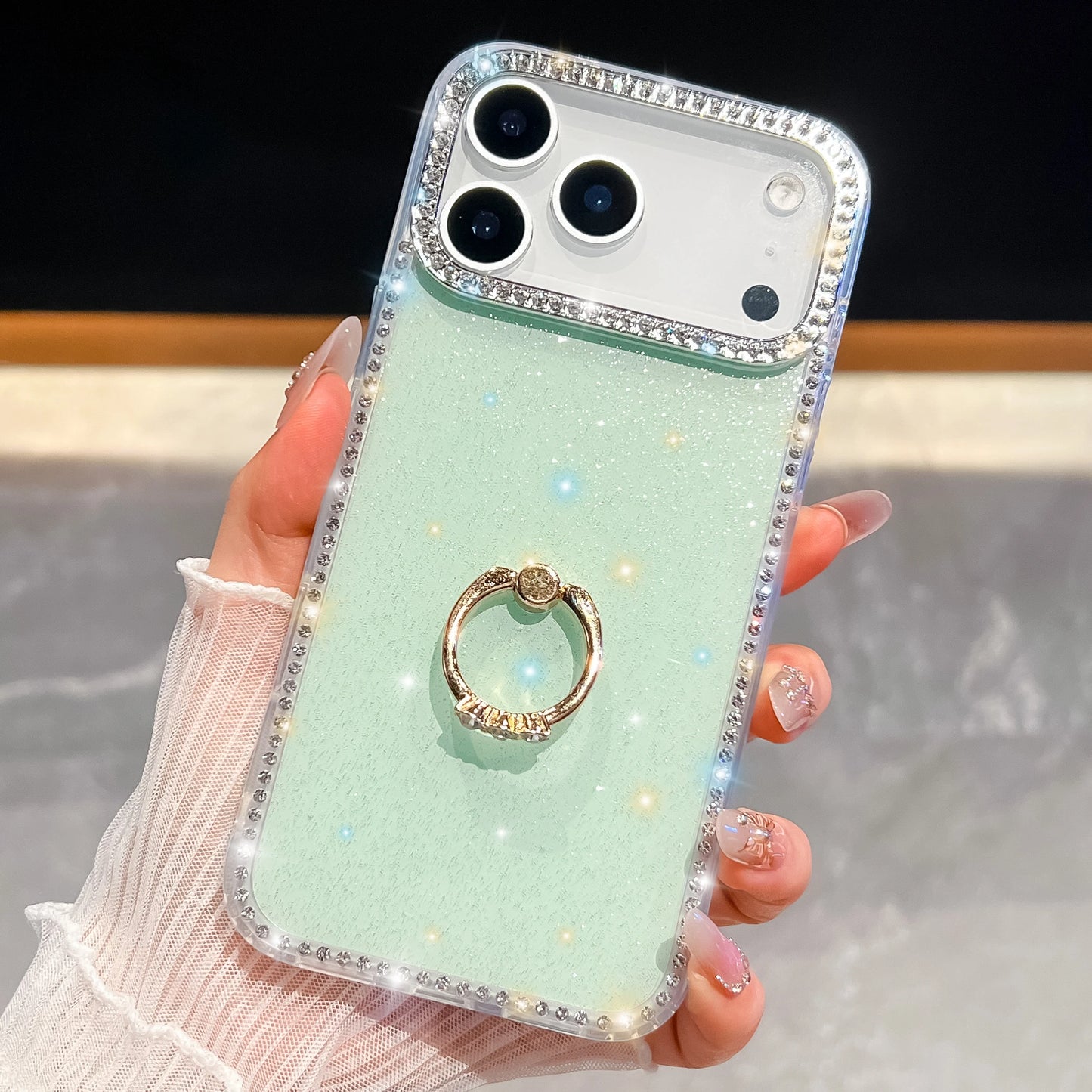 【グリッターシリーズ】輝くホログラムスター キラキラストーン付き リング付きスマホケース|iPhone対応 #251010
