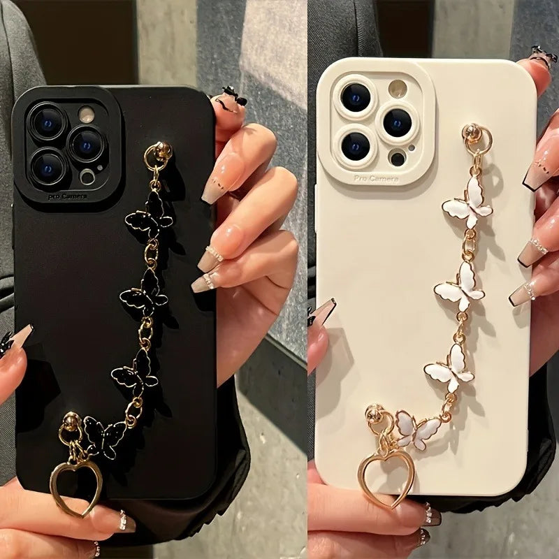 【バタフライチャーム】チェーン付き ハートリング スマホケース|iPhone対応 #250728