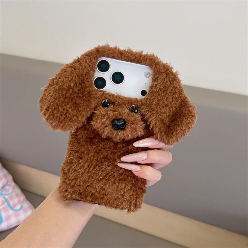 【もこもこプードルファー】耳付き 犬 Dog 3D立体デザイン スマホケース|iPhone対応 🐶✨ #250103