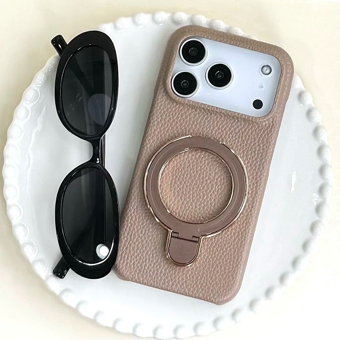 【レザーリング】上品レザー調×メタルリング付きスマホケース|iPhone対応 #250428