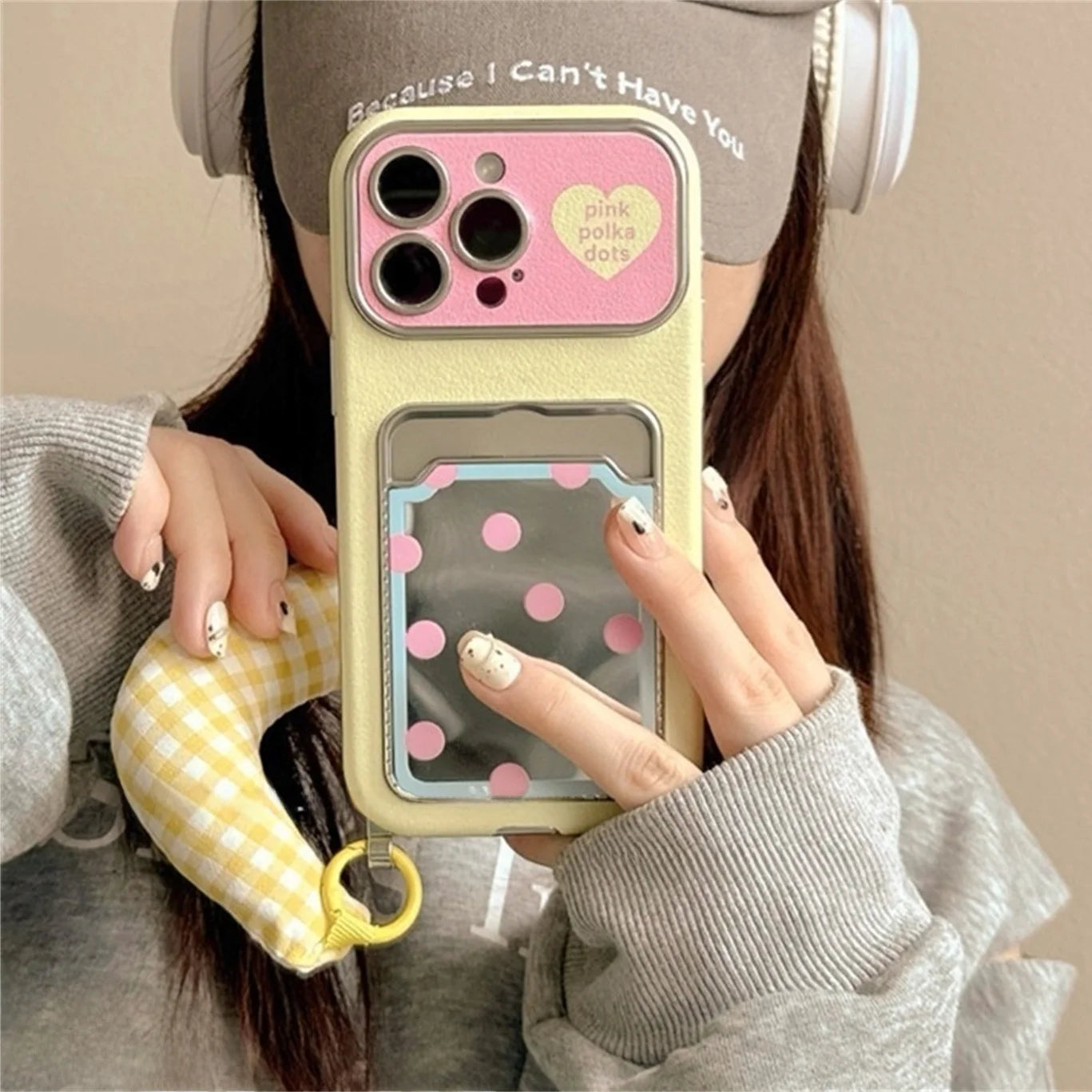 ギンガムストラップ付き ドットポケット iPhoneケース|カード収納・ソフトTPU #240228