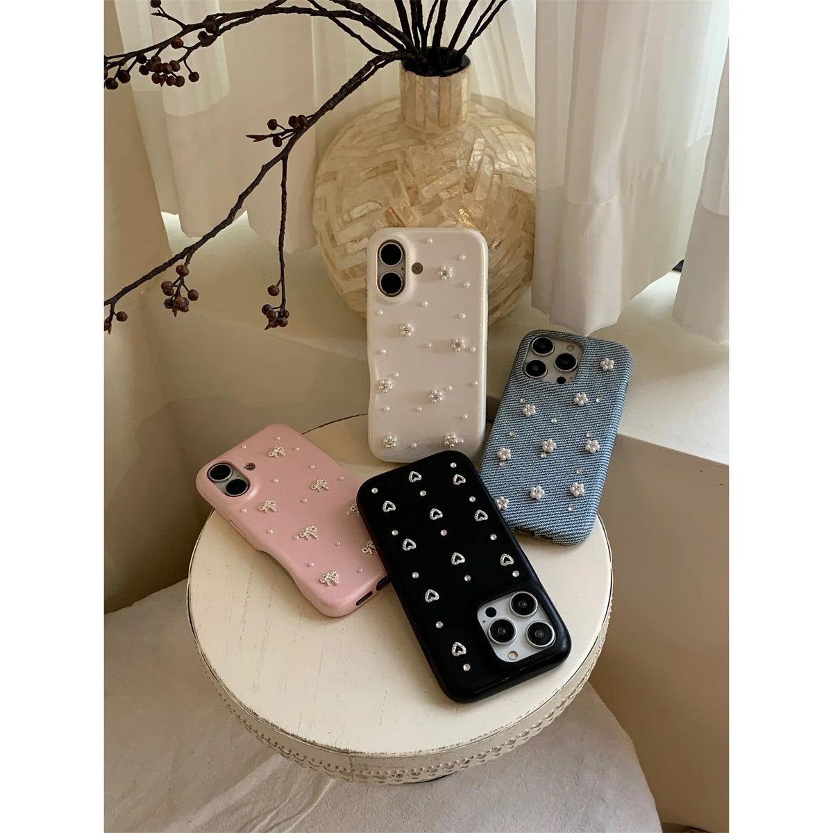 【立体パールフラワー】ジュエリー ハート スマホケース|iPhone対応 #250808