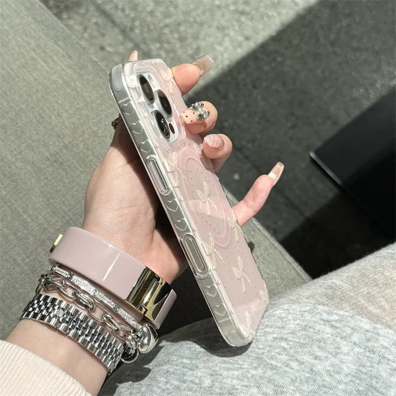 【リボンパールグリップ】ガーリ ピンクハート ケース|iPhone対応 #250724