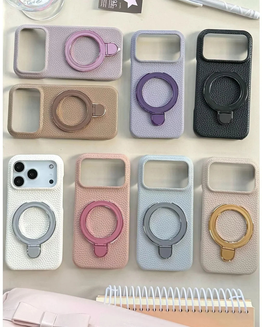 【レザーリング】上品レザー調×メタルリング付きスマホケース|iPhone対応 #250428