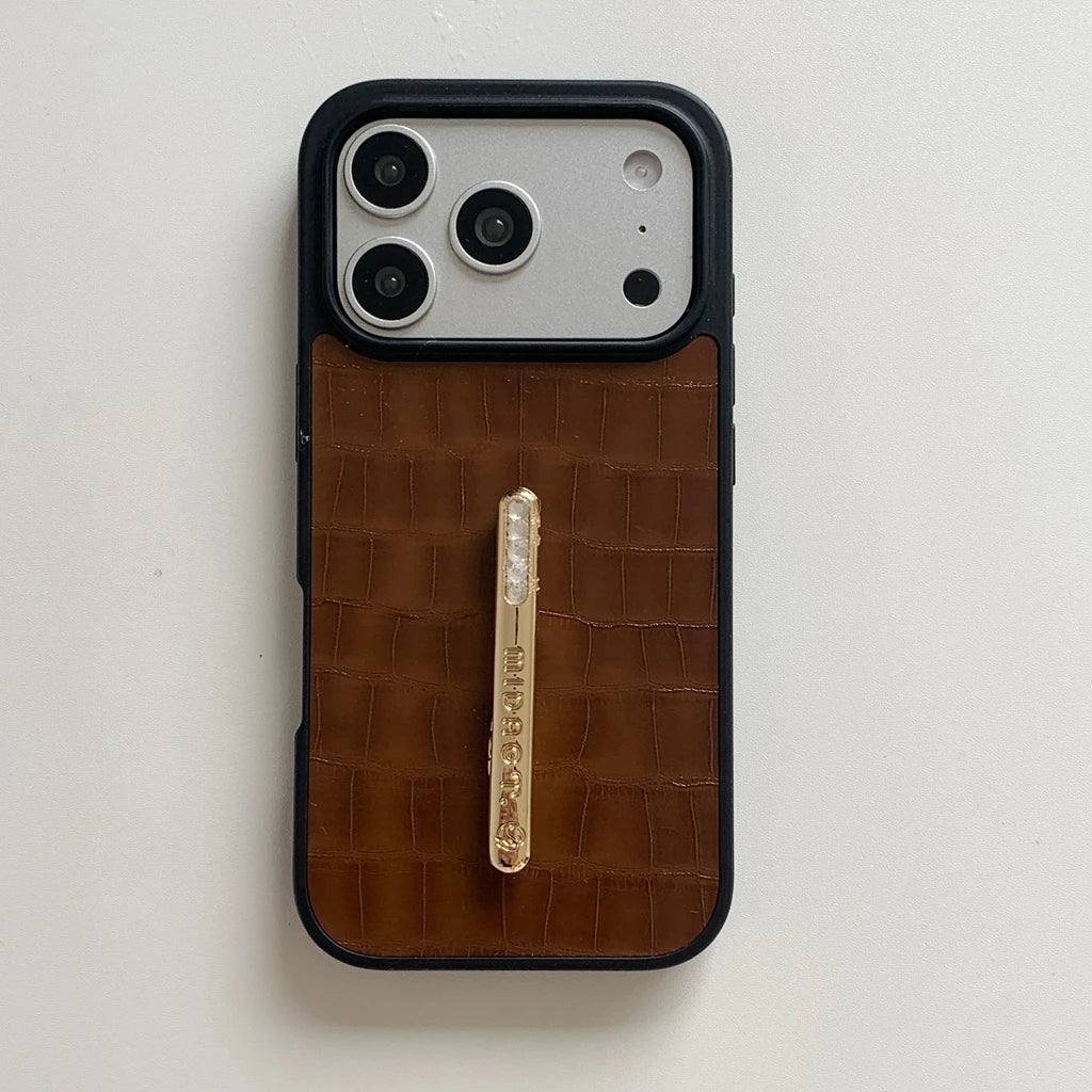 レザー調 キラキラスタンドグリップ付き iPhoneケース|高級感デザイン #231224