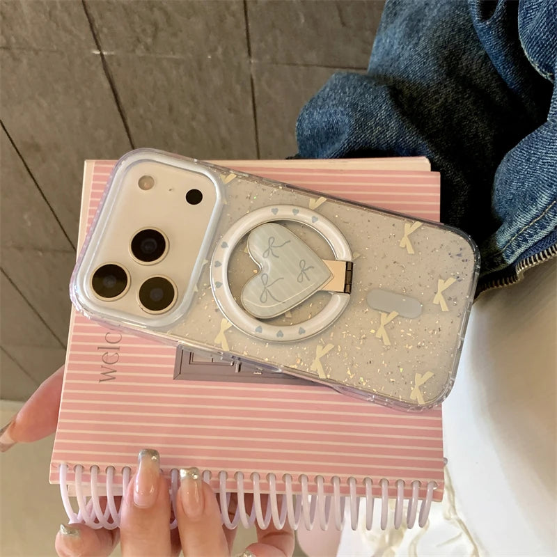 【ハートリングスタンド】Magsafe対応 ハート型 スタンド付き グリッター×リボン柄 スマホケース|iPhone対応 #250310