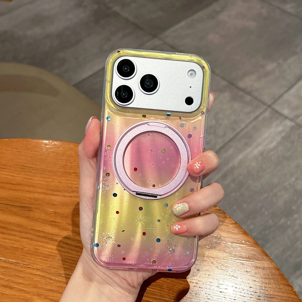 【ドット柄】オーロラグラデーション iPhoneケース 折りたたみリングスタンド カラフルドット 回転リングホルダー 耐衝撃スマホケース #230901