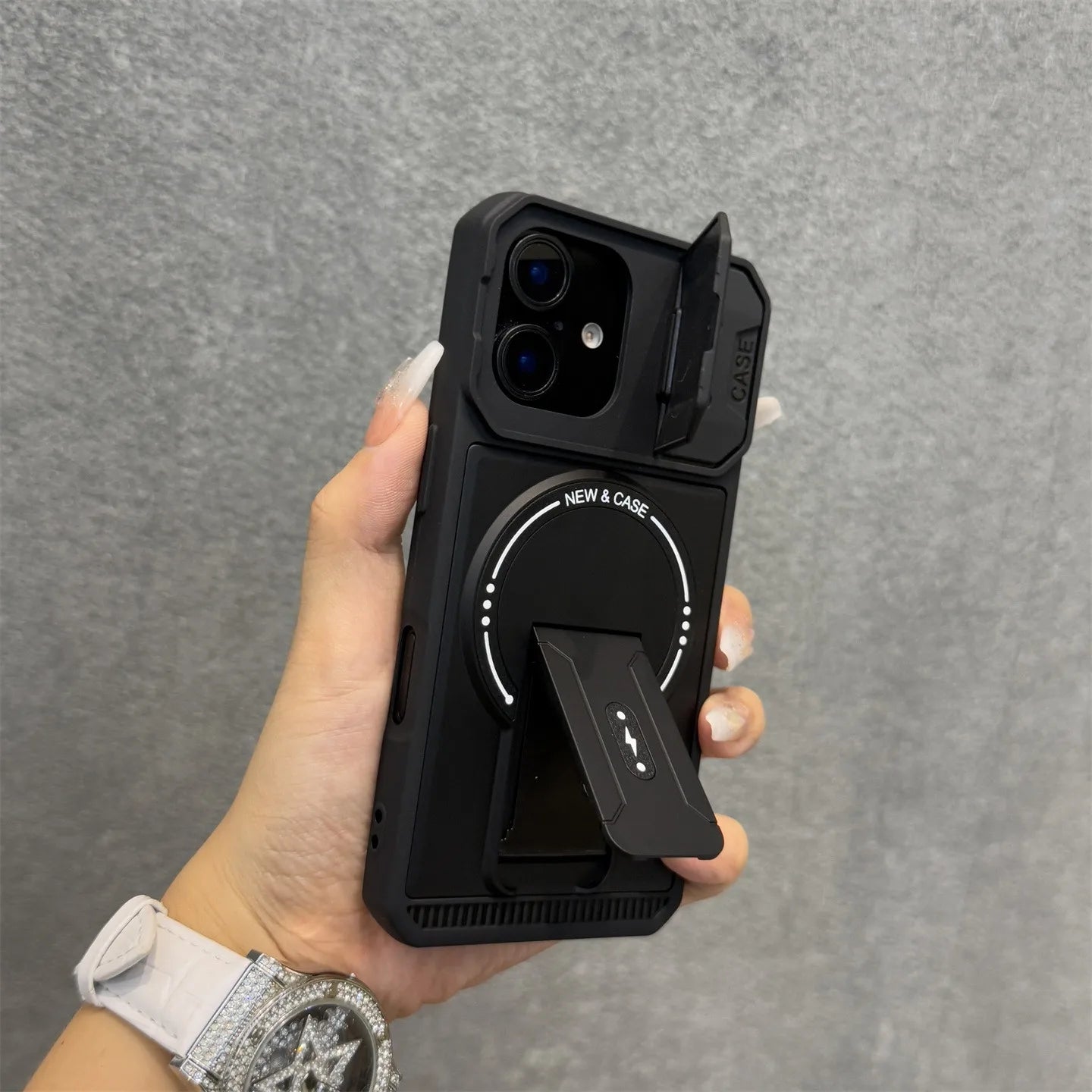耐衝撃 iPhoneケース カメラカバー付き マグネット式リングスタンド 落下防止 スマホスタンド機能搭載 シンプルブラック|iPhone対応 #250411
