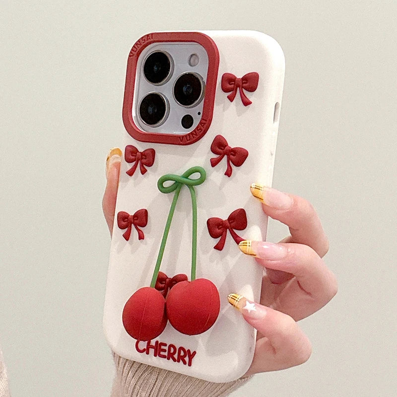 【フルーツシリーズ】立体さくらんぼ&リボンデザイン スマホケース|iPhone対応 #250827