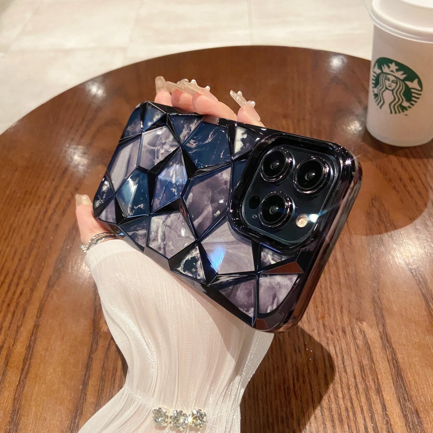 【ジェムカットアート】立体ジオメトリック × マーブルパネルデザイン スマホケース|iPhone対応 #250603