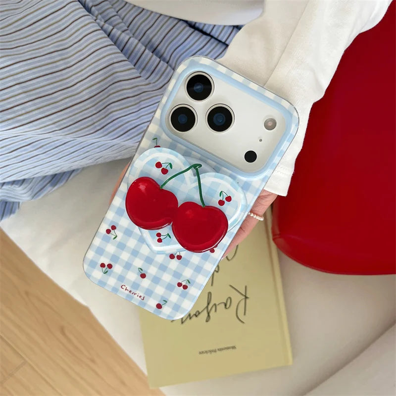チェリー チェック柄 水色 キュートなさくらんぼ iPhoneケース|淡色・ガーリー #260075