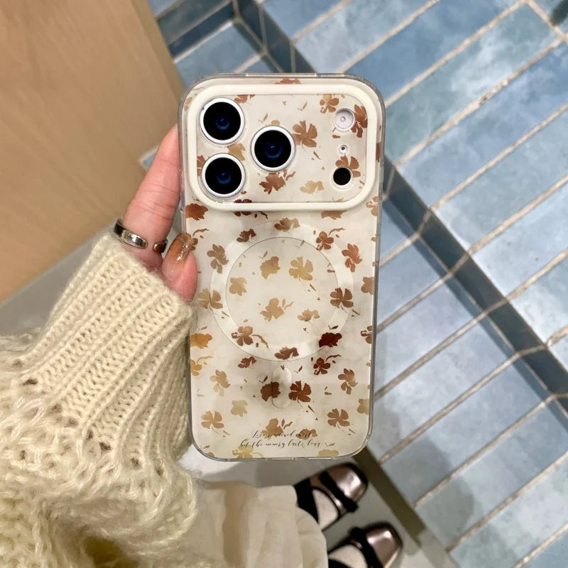 ブラウンリーフ Magnet内蔵 iPhoneケース|落ち葉柄・マグネットリング付き #240430