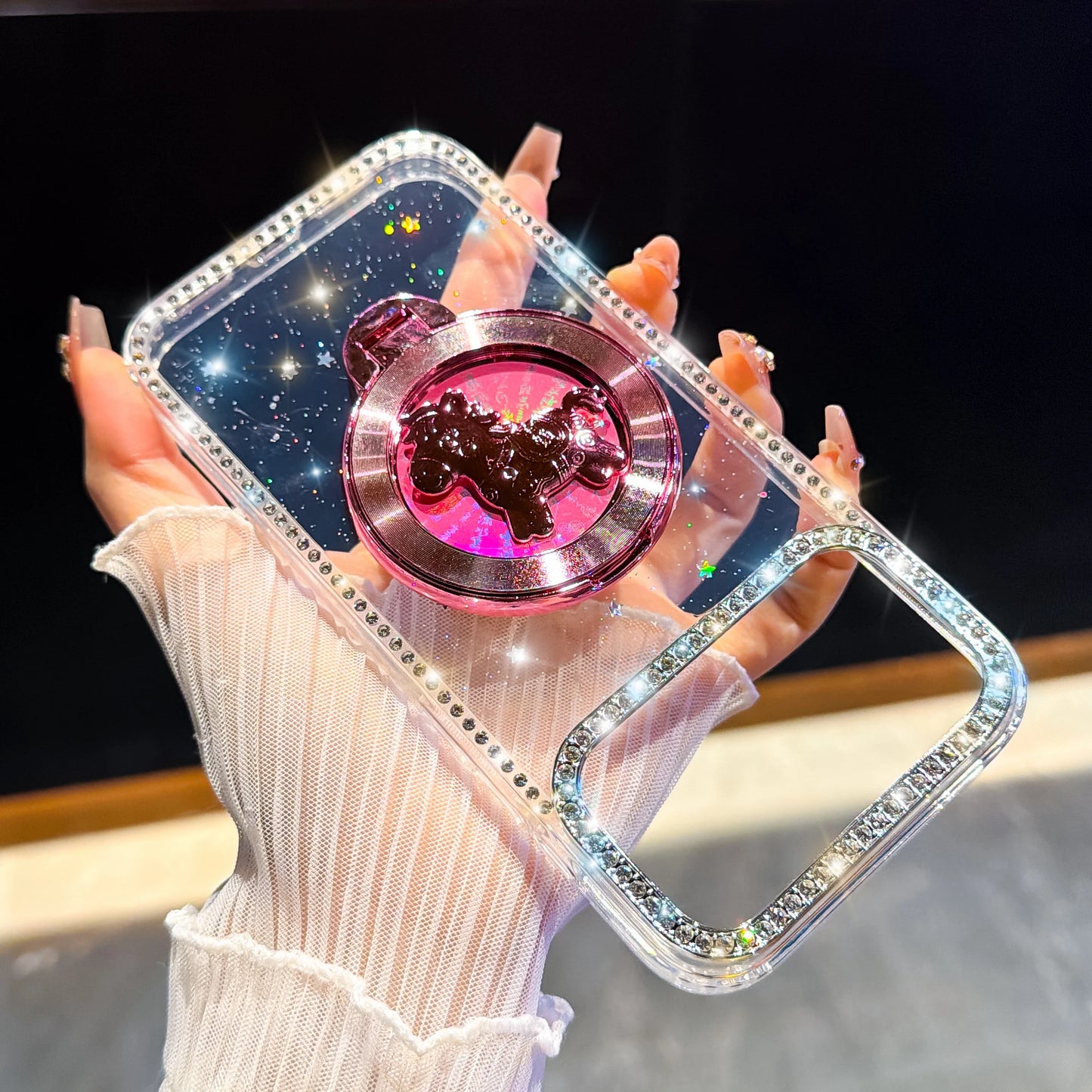 くるくる回る ユニコーン 馬 リングスタンド付き ホログラムラメ iPhoneケース #240511