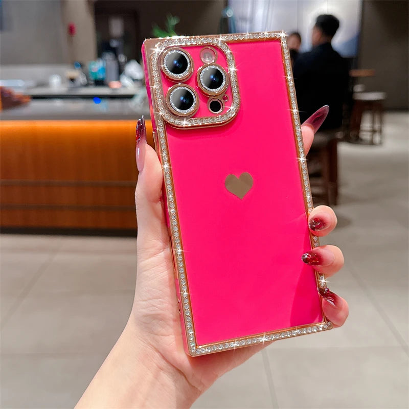 【スクエアシリーズ】キラキラビジュー ワンポイントハート スマホケース|iPhone対応 #250816