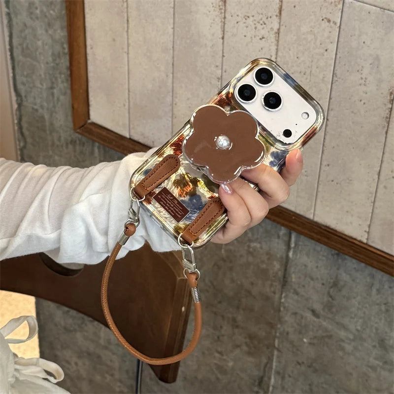 【フラワーパールスタンド】マーブル調×花柄 レザーチャーム付き スマホケース|iPhone対応 #250312