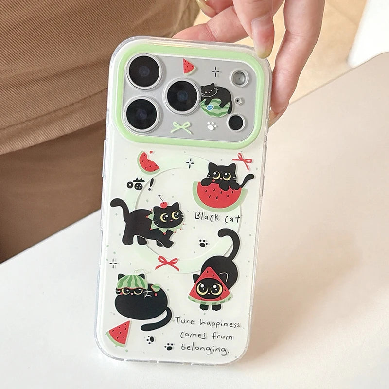 キュートな黒猫とスイカのデザイン iPhoneケース|マグネットスタンド・ホルダー付 #260076