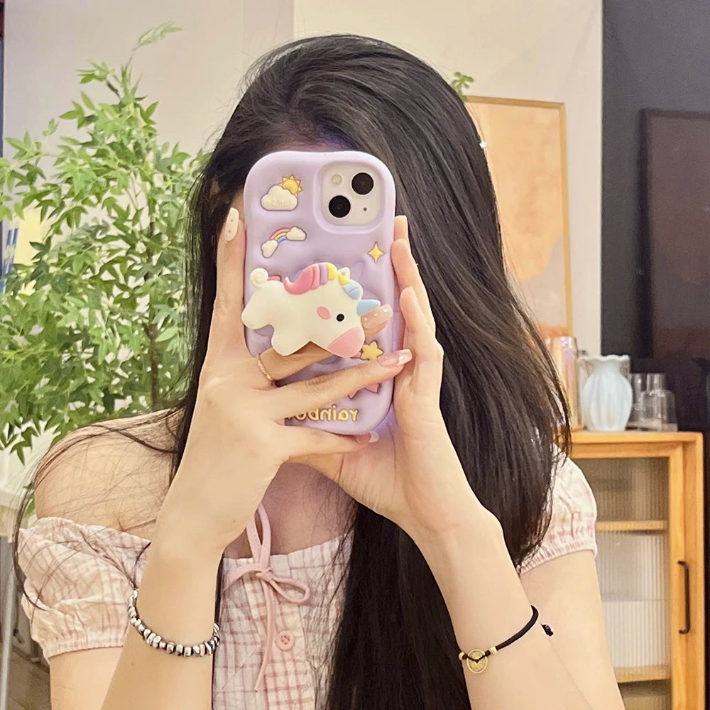 【アニマルシリーズ】立体レインボーユニコーン かわいい3Dデザイン スマホケース|iPhone対応 #251006