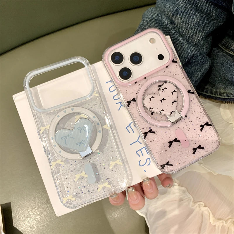 【ハートリングスタンド】Magsafe対応 ハート型 スタンド付き グリッター×リボン柄 スマホケース|iPhone対応 #250310